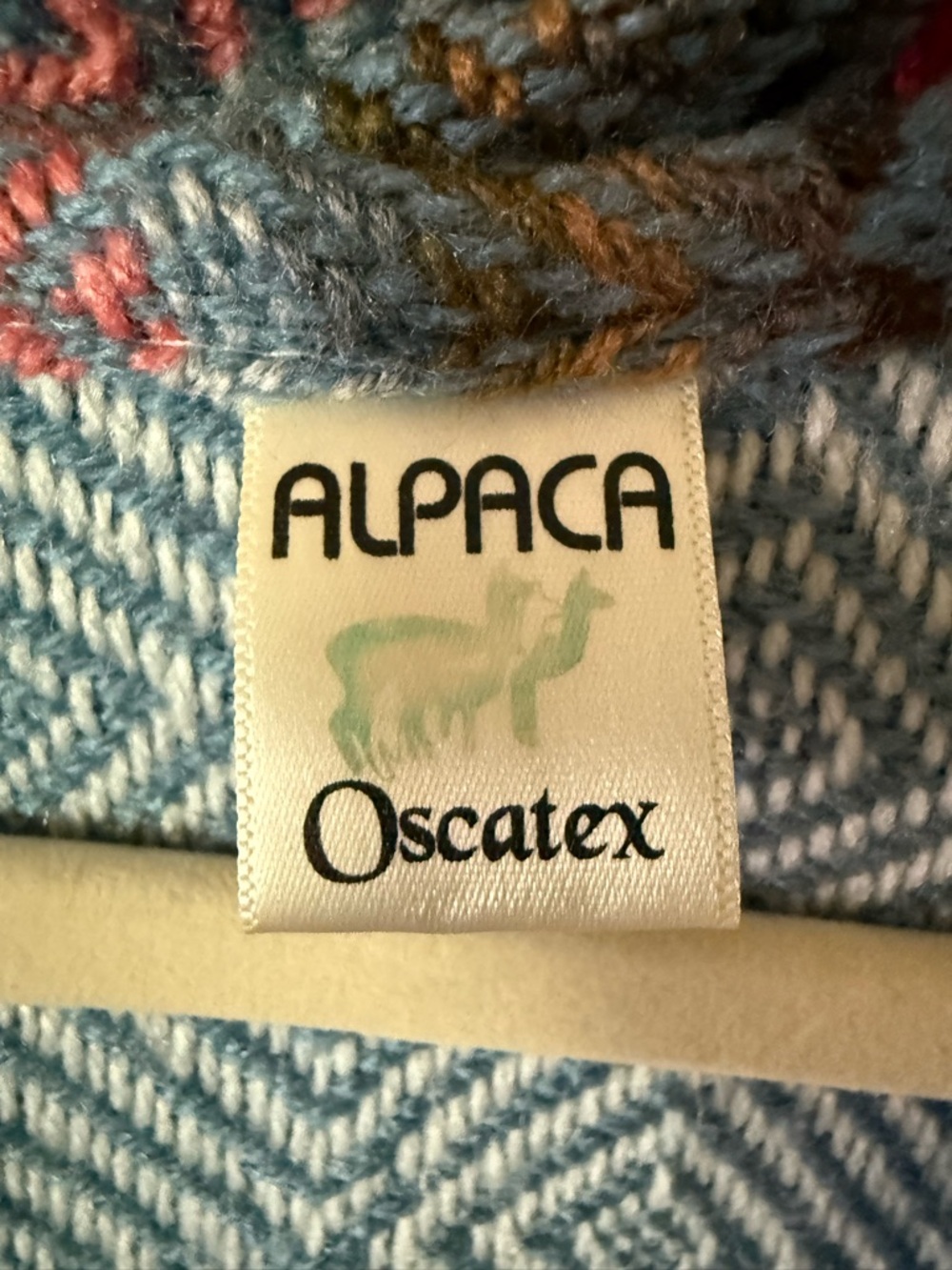 Oscatex Alpaca Knit Hooded Poncho in Light Blue with Multicolor Accents - Picture 2 of 9